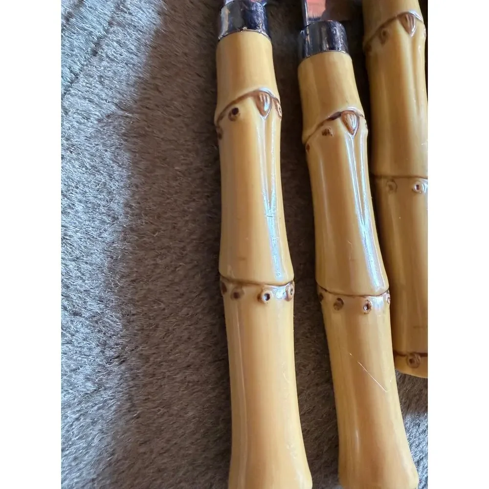 28 Mixed Pc Faux Bamboo Handle Flatware Mixed Lot Yellow Stainless China Tiki